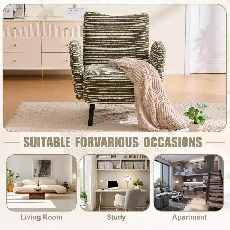 Modern Stripe Design Sofa Armchair with Side Pocket and Solid Wood Legs, Comfortable Accent Reading Chair for Living Room Bedroom Office
