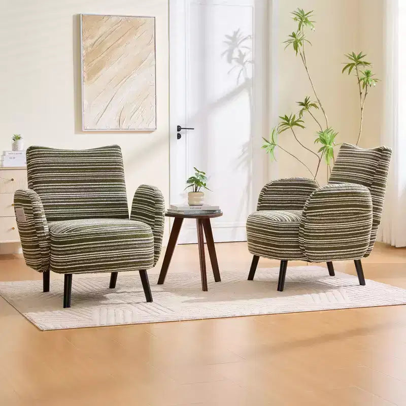 Modern Stripe Design Sofa Armchair with Side Pocket and Solid Wood Legs, Comfortable Accent Reading Chair for Living Room Bedroom Office