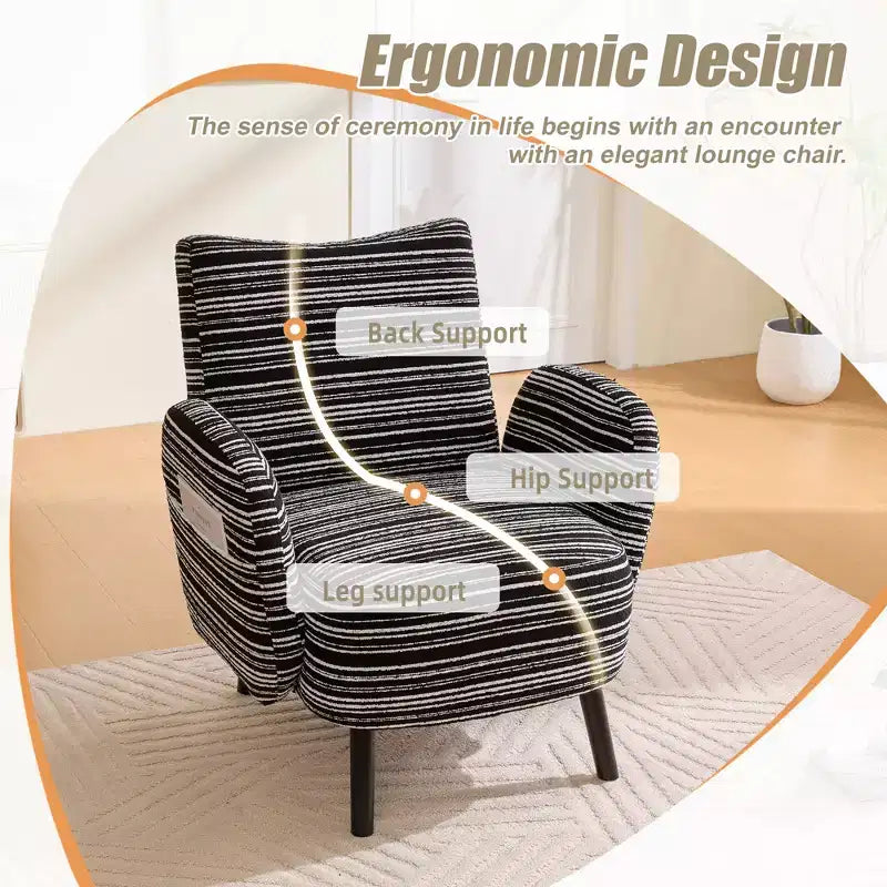 Modern Stripe Design Sofa Armchair with Side Pocket and Solid Wood Legs, Comfortable Accent Reading Chair for Living Room Bedroom Office
