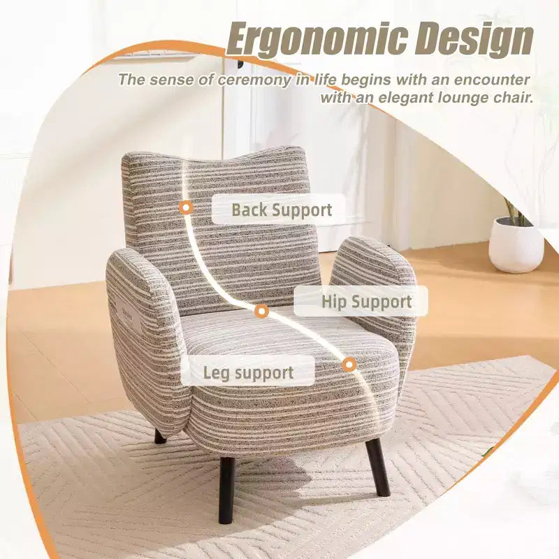 Modern Stripe Design Sofa Armchair with Side Pocket and Solid Wood Legs, Comfortable Accent Reading Chair for Living Room Bedroom Office
