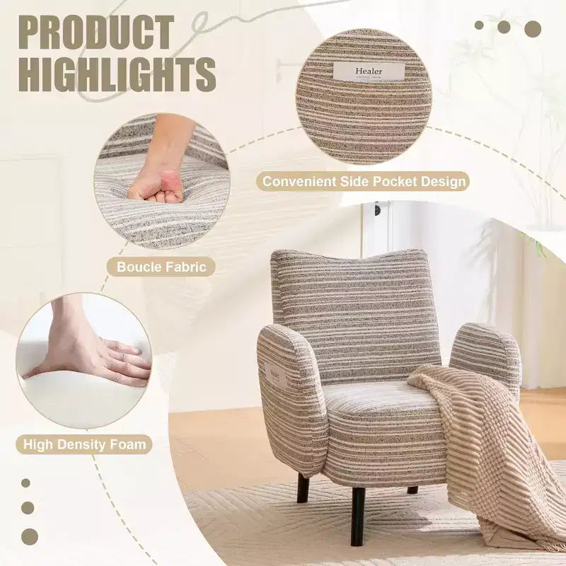 Modern Stripe Design Sofa Armchair with Side Pocket and Solid Wood Legs, Comfortable Accent Reading Chair for Living Room Bedroom Office
