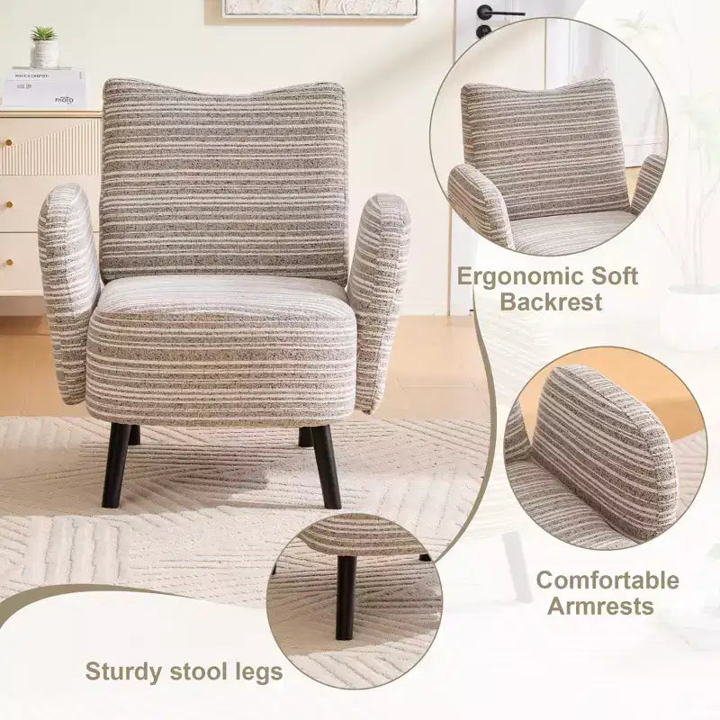Modern Stripe Design Sofa Armchair with Side Pocket and Solid Wood Legs, Comfortable Accent Reading Chair for Living Room Bedroom Office