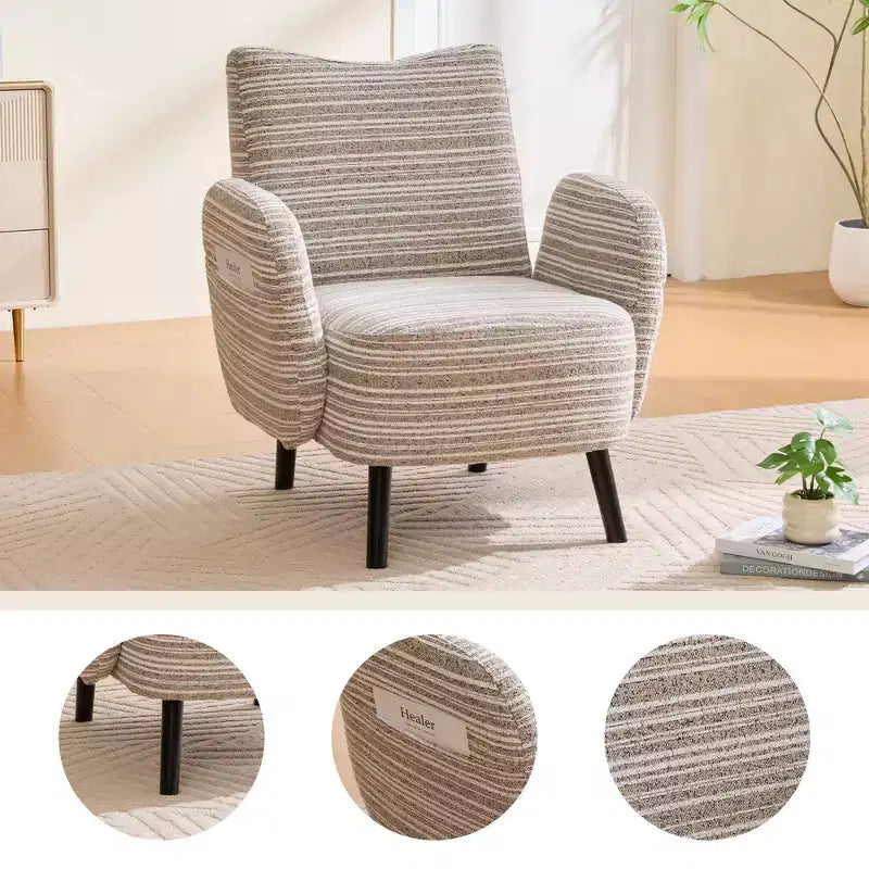 Modern Stripe Design Sofa Armchair with Side Pocket and Solid Wood Legs, Comfortable Accent Reading Chair for Living Room Bedroom Office