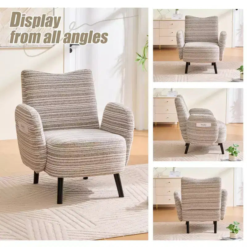 Modern Stripe Design Sofa Armchair with Side Pocket and Solid Wood Legs, Comfortable Accent Reading Chair for Living Room Bedroom Office