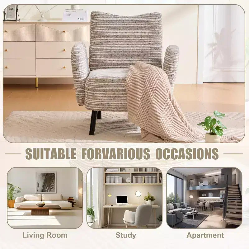 Modern Stripe Design Sofa Armchair with Side Pocket and Solid Wood Legs, Comfortable Accent Reading Chair for Living Room Bedroom Office