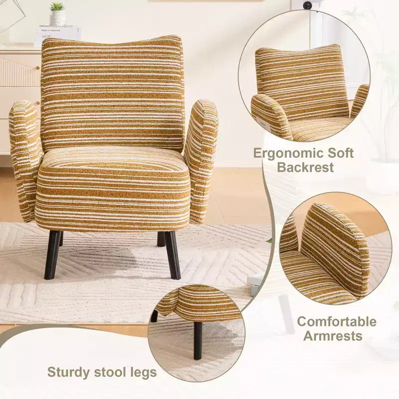 Modern Stripe Design Sofa Armchair with Side Pocket and Solid Wood Legs, Comfortable Accent Reading Chair for Living Room Bedroom Office