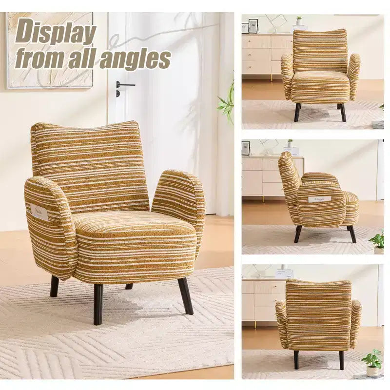 Modern Stripe Design Sofa Armchair with Side Pocket and Solid Wood Legs, Comfortable Accent Reading Chair for Living Room Bedroom Office