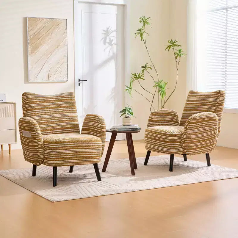 Modern Stripe Design Sofa Armchair with Side Pocket and Solid Wood Legs, Comfortable Accent Reading Chair for Living Room Bedroom Office