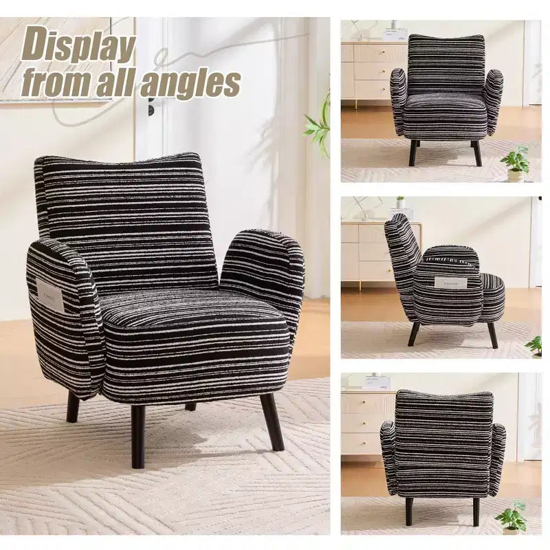 Modern Stripe Design Sofa Armchair with Side Pocket and Solid Wood Legs, Comfortable Accent Reading Chair for Living Room Bedroom Office