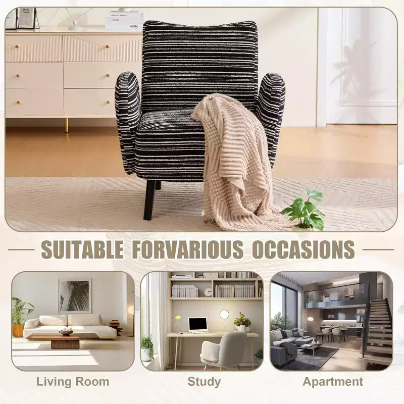 Modern Stripe Design Sofa Armchair with Side Pocket and Solid Wood Legs, Comfortable Accent Reading Chair for Living Room Bedroom Office