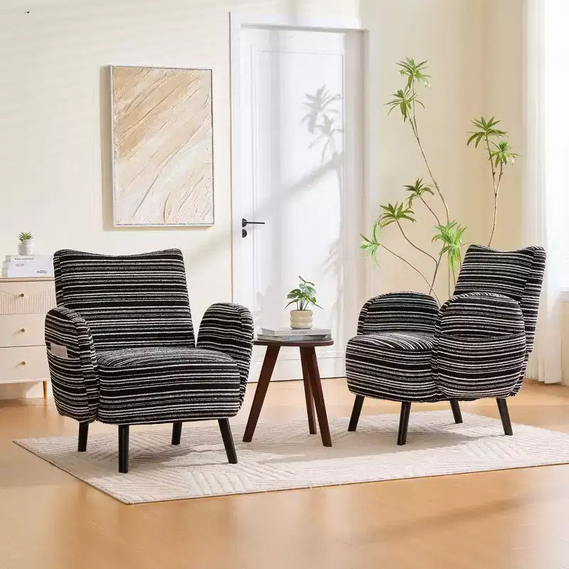 Modern Stripe Design Sofa Armchair with Side Pocket and Solid Wood Legs, Comfortable Accent Reading Chair for Living Room Bedroom Office