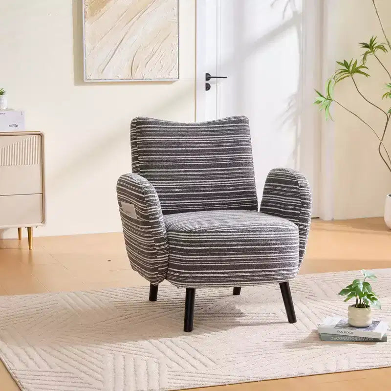 Modern Stripe Design Sofa Armchair with Side Pocket and Solid Wood Legs, Comfortable Accent Reading Chair for Living Room Bedroom Office