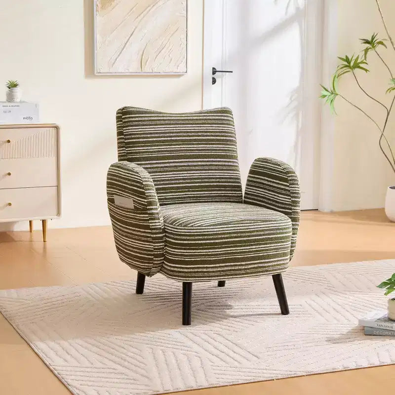 Modern Stripe Design Sofa Armchair with Side Pocket and Solid Wood Legs, Comfortable Accent Reading Chair for Living Room Bedroom Office