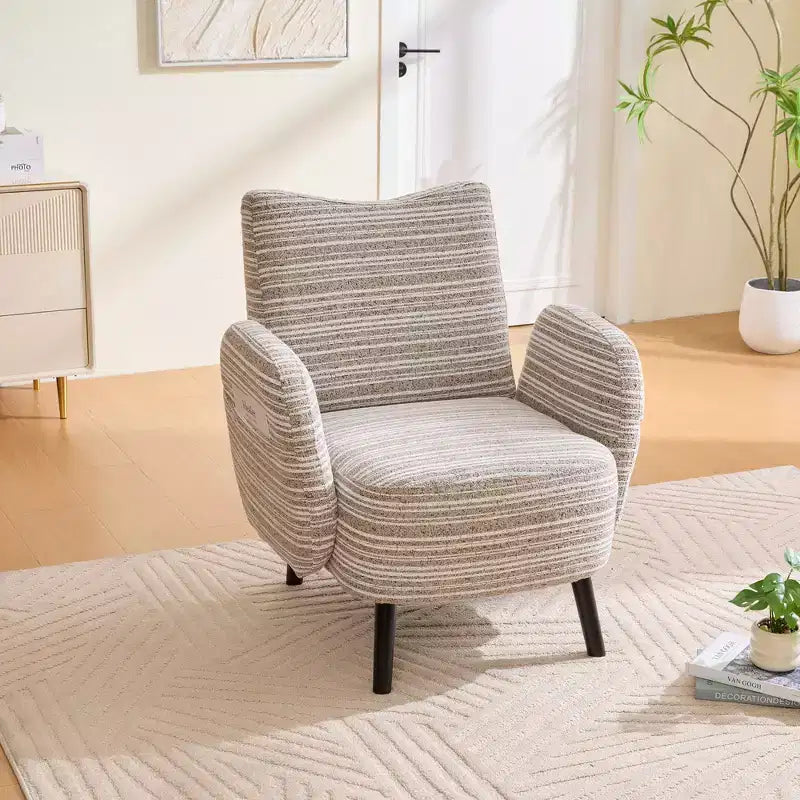 Modern Stripe Design Sofa Armchair with Side Pocket and Solid Wood Legs, Comfortable Accent Reading Chair for Living Room Bedroom Office