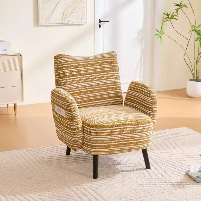 Modern Stripe Design Sofa Armchair with Side Pocket and Solid Wood Legs, Comfortable Accent Reading Chair for Living Room Bedroom Office