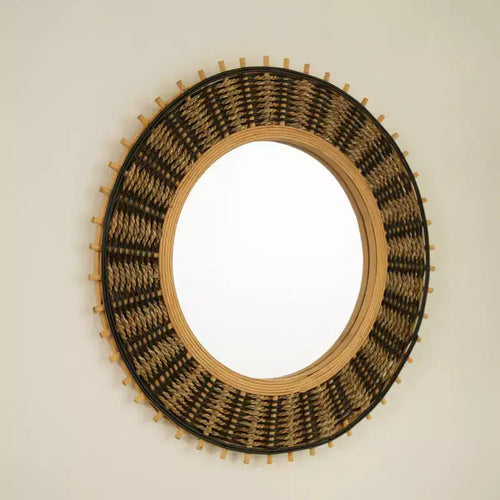 23" Vintage Round Bamboo Decorative Wall Mirror with Woven Rope Decor, Small Circle Mirror for Entryway or Living Room
