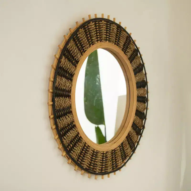 23" Vintage Round Bamboo Decorative Wall Mirror with Woven Rope Decor, Small Circle Mirror for Entryway or Living Room