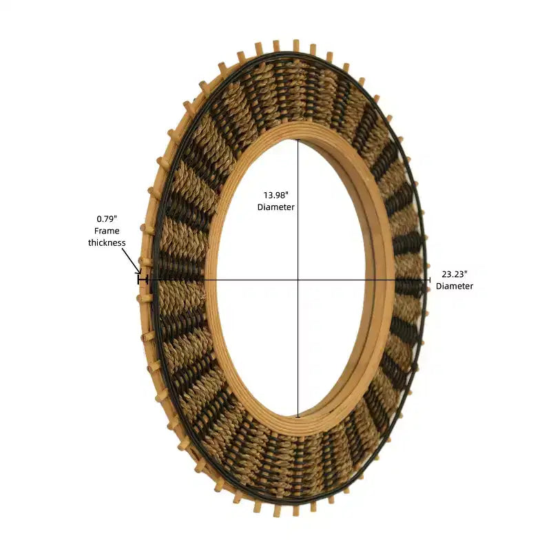 23" Vintage Round Bamboo Decorative Wall Mirror with Woven Rope Decor, Small Circle Mirror for Entryway or Living Room
