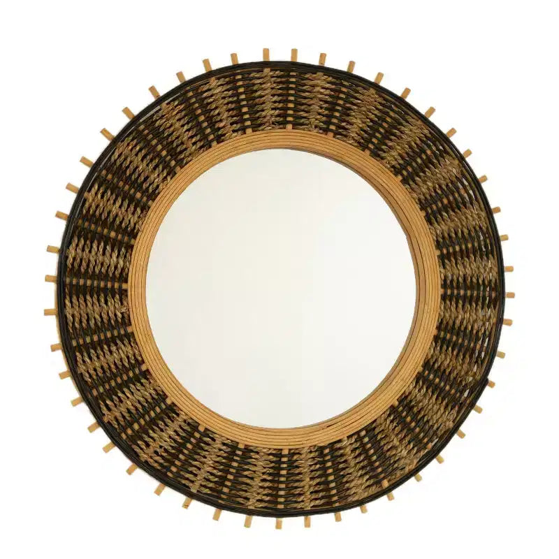 23" Vintage Round Bamboo Decorative Wall Mirror with Woven Rope Decor, Small Circle Mirror for Entryway or Living Room
