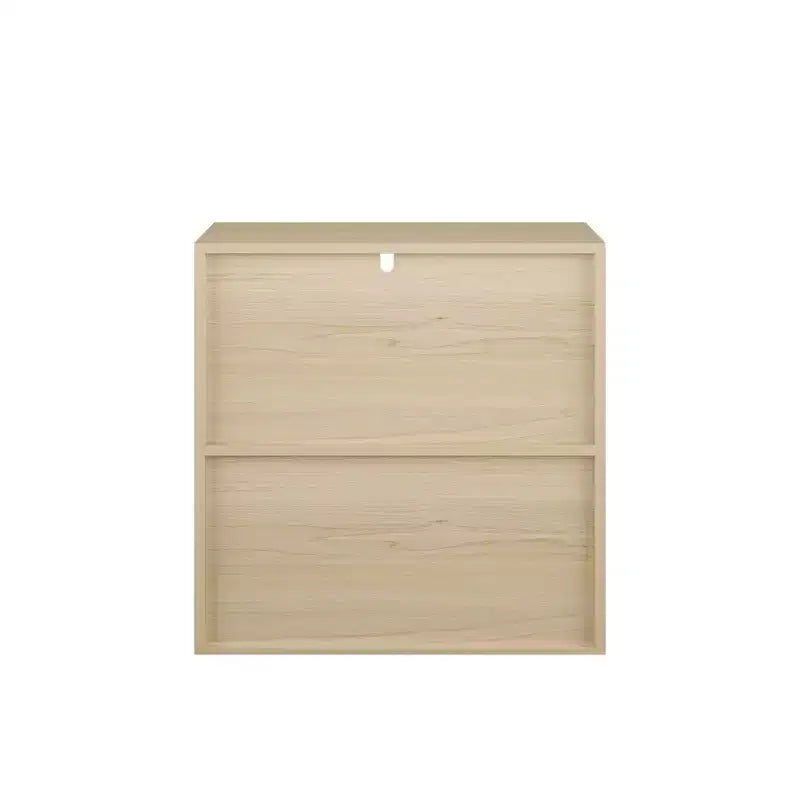 Modern Storage Cabinet with Sliding Doors, 2-Tier Open and Closed Shelves, Natural Wood with White Panels