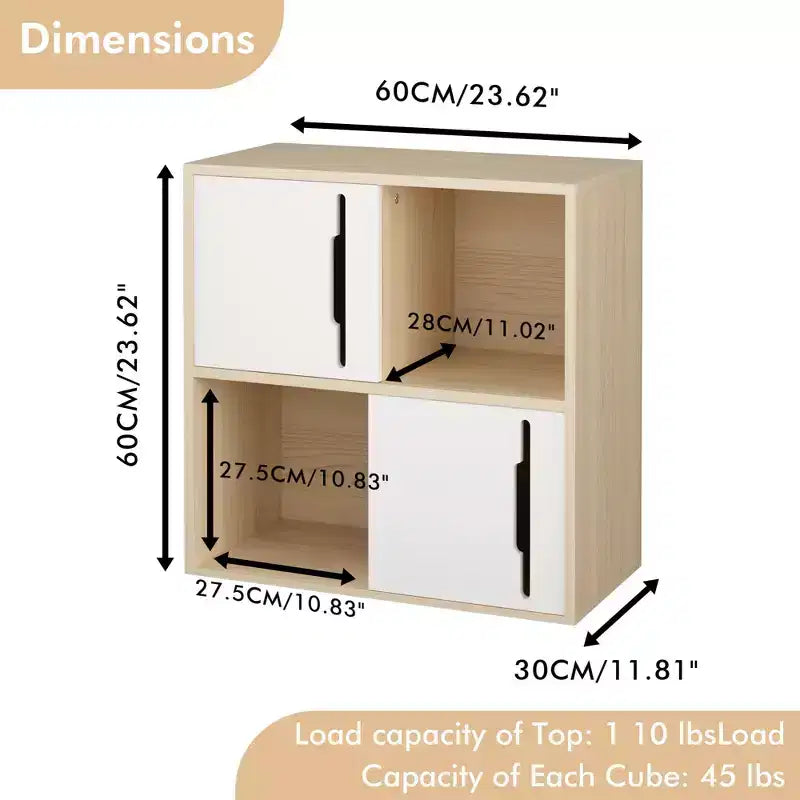Modern Storage Cabinet with Sliding Doors, 2-Tier Open and Closed Shelves, Natural Wood with White Panels