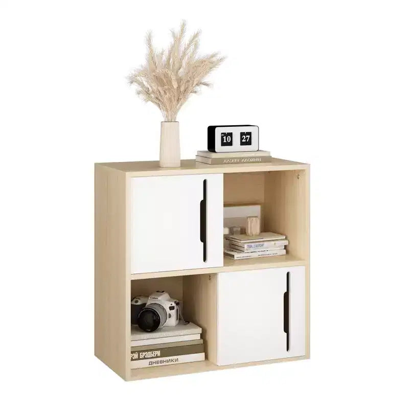 Modern Storage Cabinet with Sliding Doors, 2-Tier Open and Closed Shelves, Natural Wood with White Panels