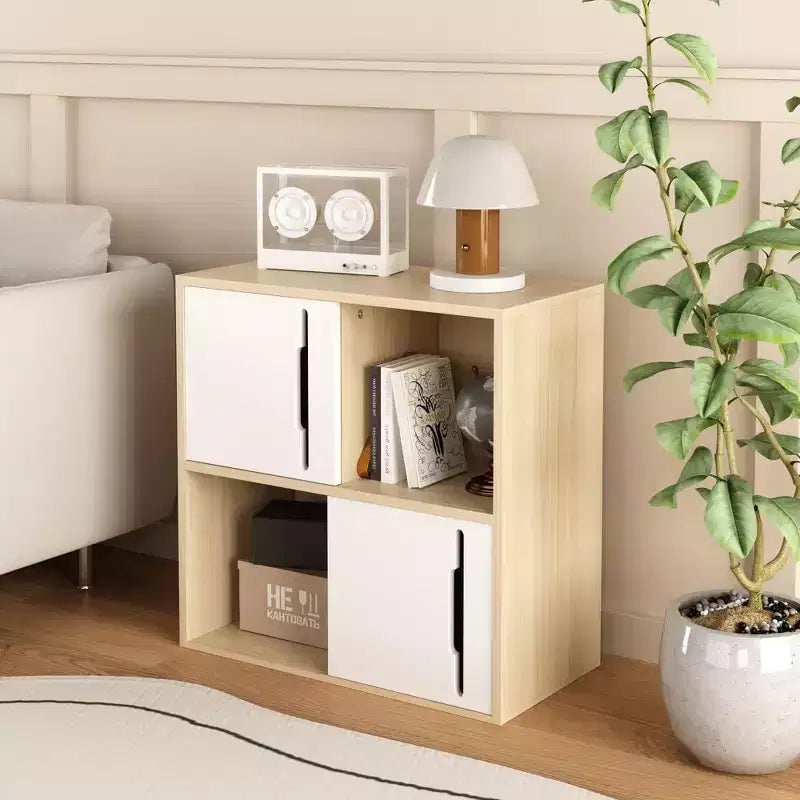 Modern Storage Cabinet with Sliding Doors, 2-Tier Open and Closed Shelves, Natural Wood with White Panels