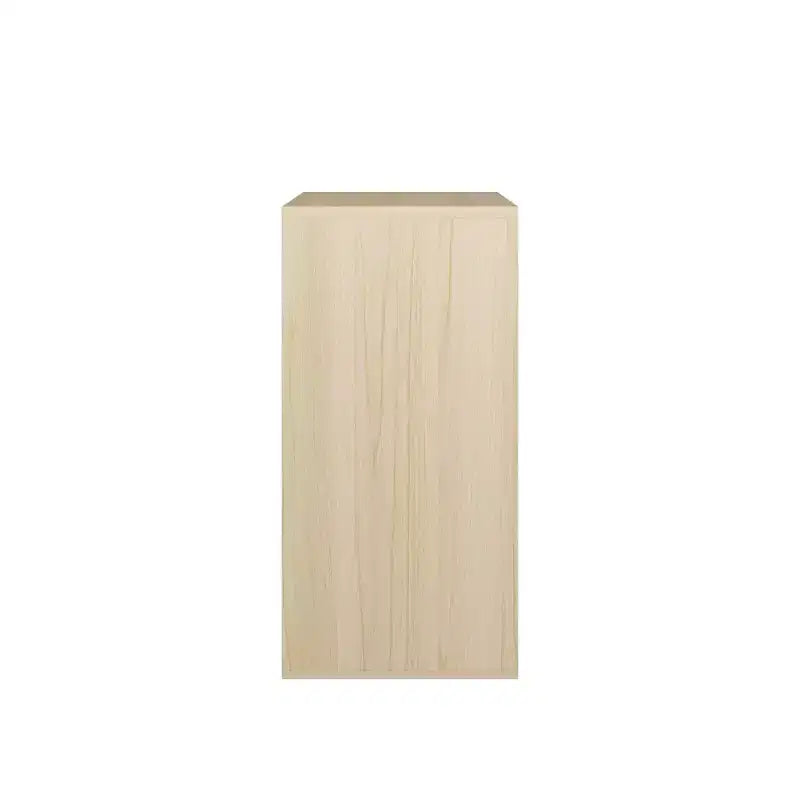 Modern Storage Cabinet with Sliding Doors, 2-Tier Open and Closed Shelves, Natural Wood with White Panels