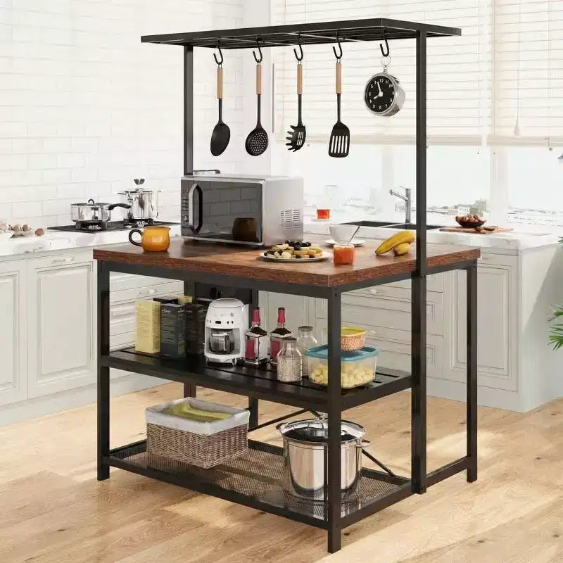 47" Kitchen Island with Power Outlet, 3-Tier Storage Shelf, Hooks, Baker Rack Microwave Stand