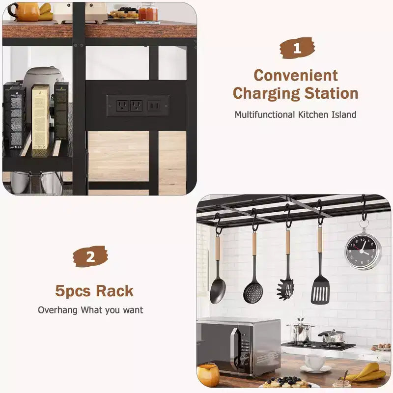 47" Kitchen Island with Power Outlet, 3-Tier Storage Shelf, Hooks, Baker Rack Microwave Stand