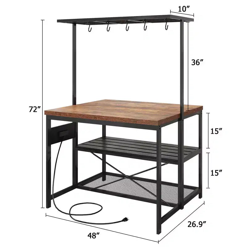 47" Kitchen Island with Power Outlet, 3-Tier Storage Shelf, Hooks, Baker Rack Microwave Stand