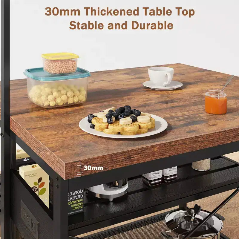 47" Kitchen Island with Power Outlet, 3-Tier Storage Shelf, Hooks, Baker Rack Microwave Stand