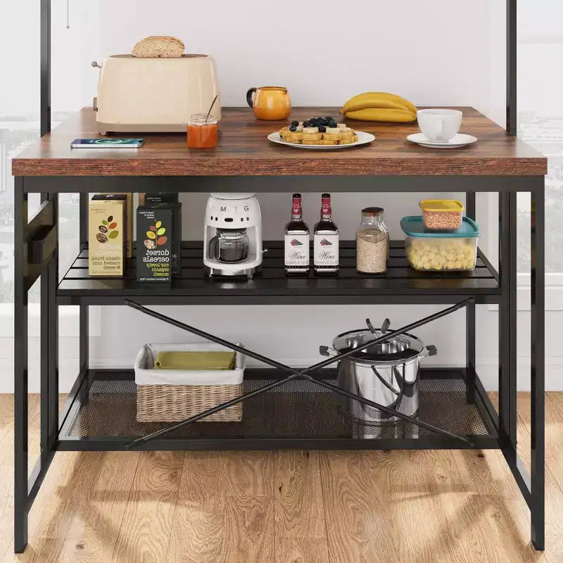 47" Kitchen Island with Power Outlet, 3-Tier Storage Shelf, Hooks, Baker Rack Microwave Stand