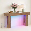 63 Farmhouse Console Table with Charging Station & LED Light, Slim Entryway Sofa Table for Hallway Living Room, Natural Wood Finish