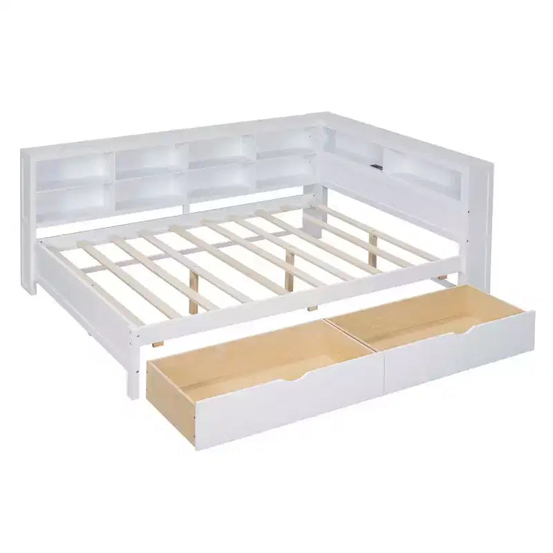 Wooden Full Size Daybed with 2 Drawers, Storage Shelf and Charging Ports for Bedroom, White