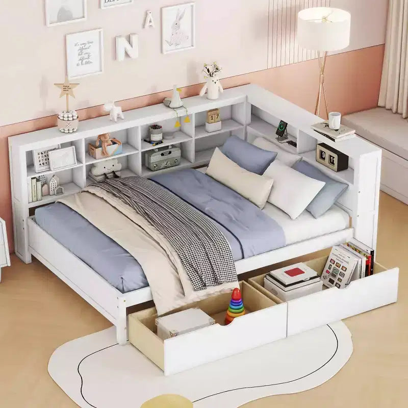 Wooden Full Size Daybed with 2 Drawers, Storage Shelf and Charging Ports for Bedroom, White