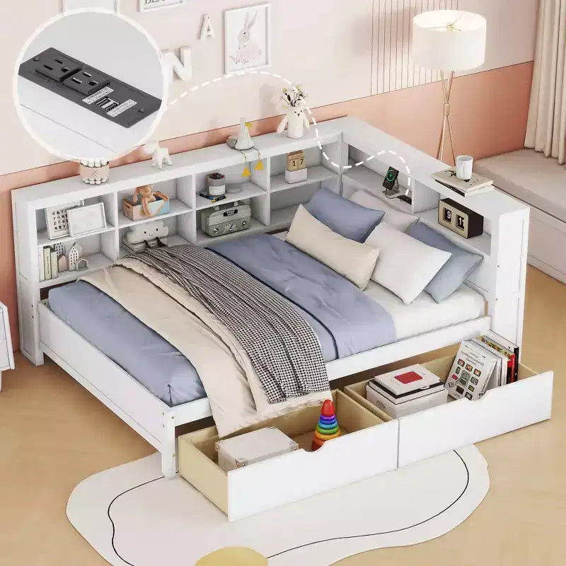Wooden Full Size Daybed with 2 Drawers, Storage Shelf and Charging Ports for Bedroom, White