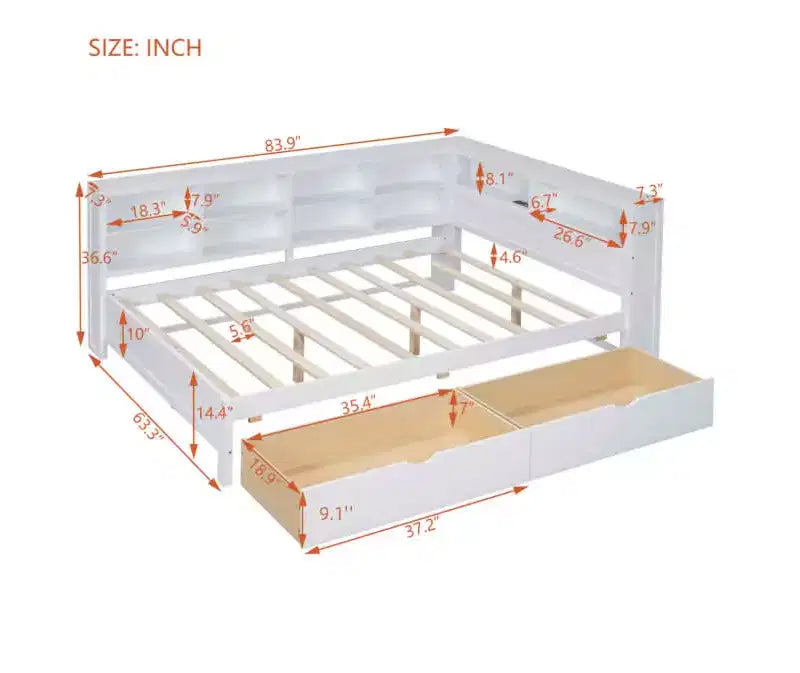 Wooden Full Size Daybed with 2 Drawers, Storage Shelf and Charging Ports for Bedroom, White