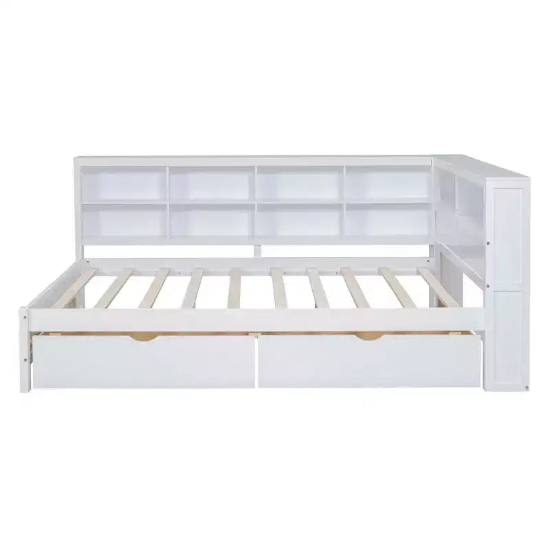 Wooden Full Size Daybed with 2 Drawers, Storage Shelf and Charging Ports for Bedroom, White