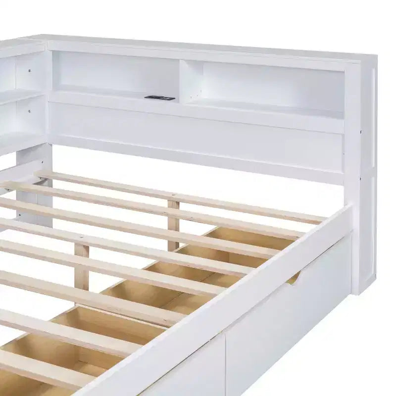 Wooden Full Size Daybed with 2 Drawers, Storage Shelf and Charging Ports for Bedroom, White