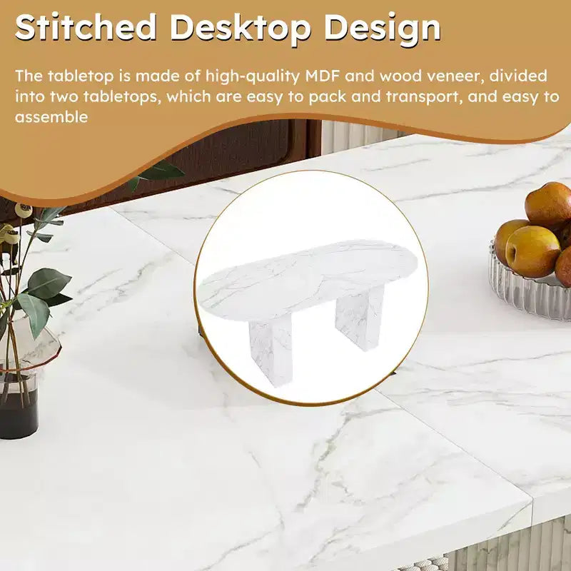 62.9 Oval Dining Table for 6 Marble Top Kitchen Table with Wood Strip Base Modern Farmhouse with Waterproof Scratch Resistant Surface White