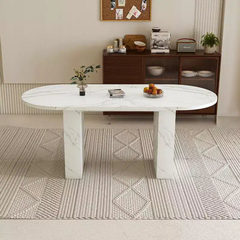 62.9 Oval Dining Table for 6 Marble Top Kitchen Table with Wood Strip Base Modern Farmhouse with Waterproof Scratch Resistant Surface White