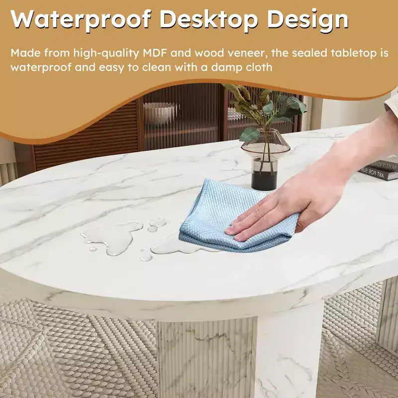 62.9 Oval Dining Table for 6 Marble Top Kitchen Table with Wood Strip Base Modern Farmhouse with Waterproof Scratch Resistant Surface White