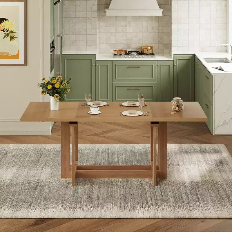 Rustic 82" Extendable Dining Table, Trestle Kitchen Table with Rubber Wood Legs, 2 Removable Leaves