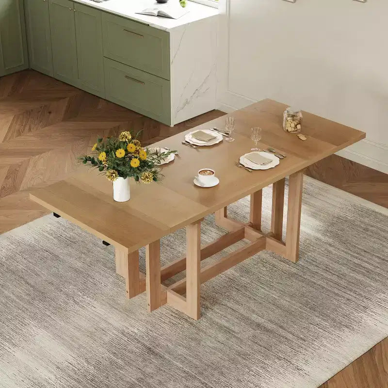 Rustic 82" Extendable Dining Table, Trestle Kitchen Table with Rubber Wood Legs, 2 Removable Leaves