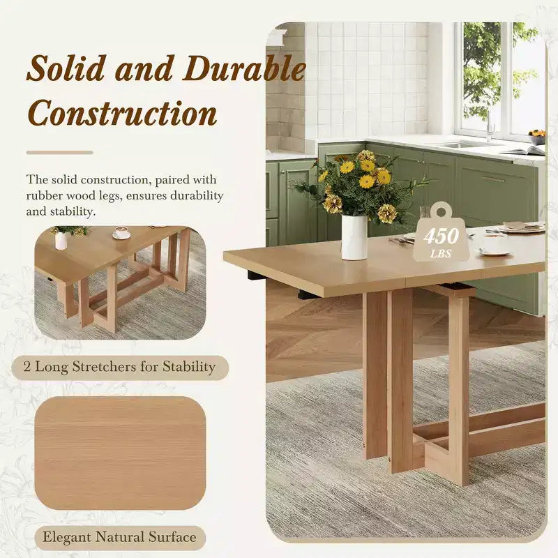Rustic 82" Extendable Dining Table, Trestle Kitchen Table with Rubber Wood Legs, 2 Removable Leaves