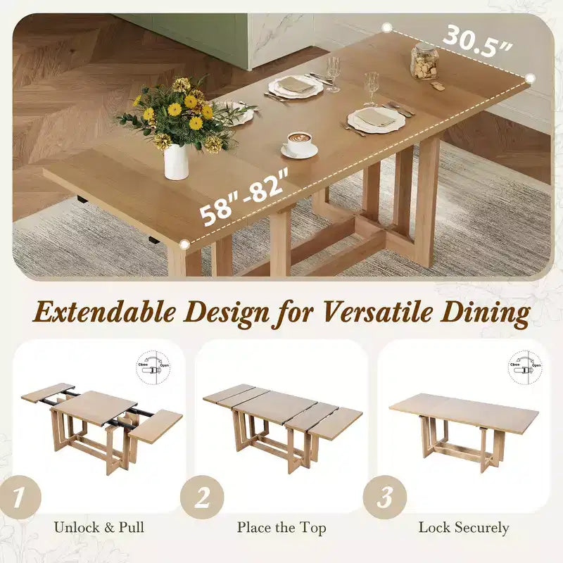 Rustic 82" Extendable Dining Table, Trestle Kitchen Table with Rubber Wood Legs, 2 Removable Leaves