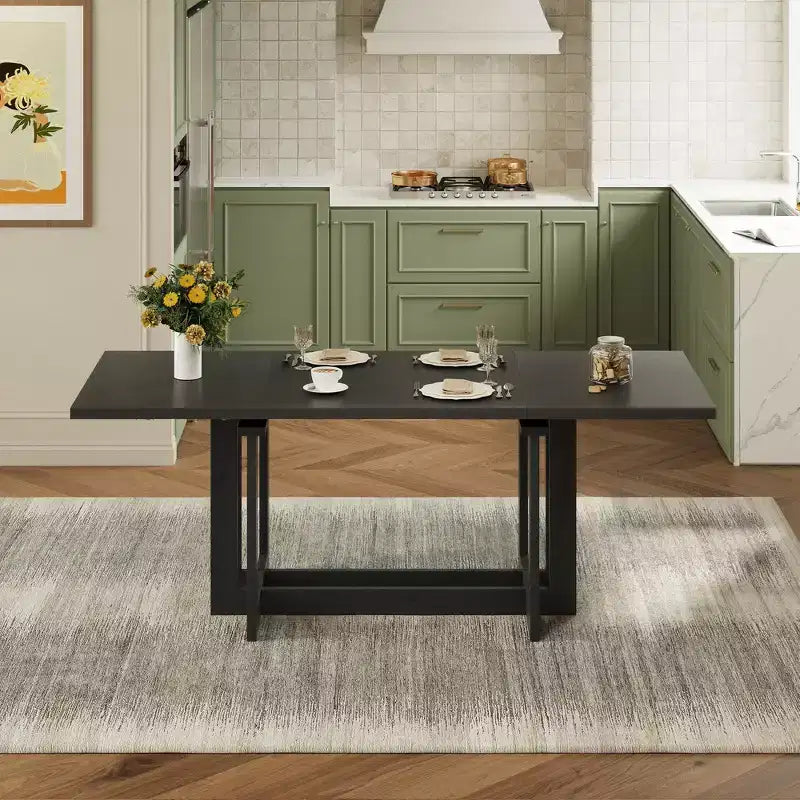 Rustic 82" Extendable Dining Table, Trestle Kitchen Table with Rubber Wood Legs, 2 Removable Leaves