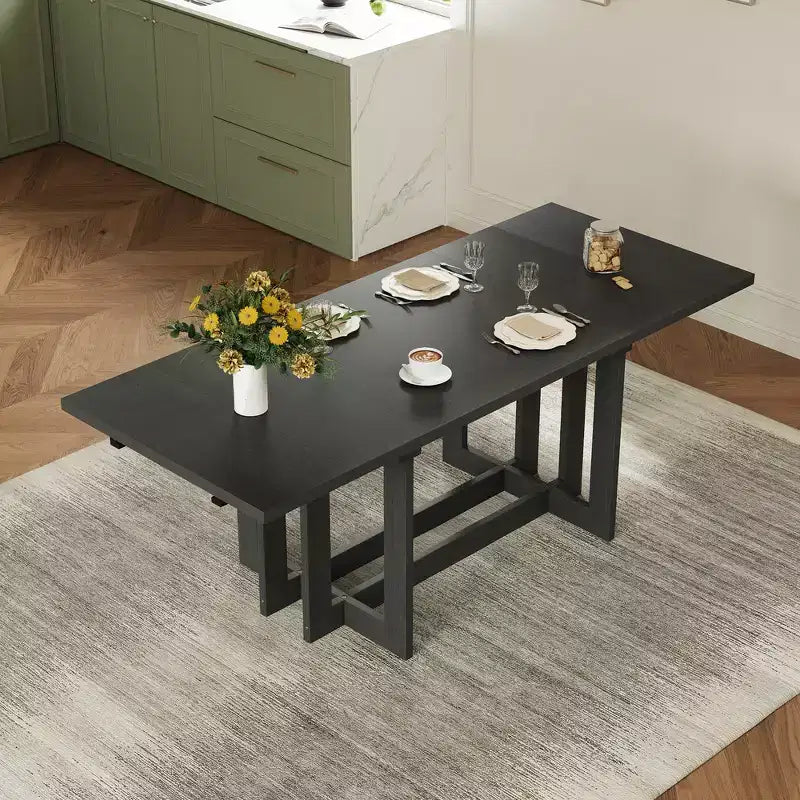 Rustic 82" Extendable Dining Table, Trestle Kitchen Table with Rubber Wood Legs, 2 Removable Leaves