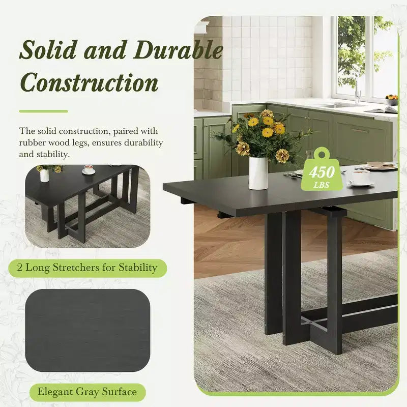 Rustic 82" Extendable Dining Table, Trestle Kitchen Table with Rubber Wood Legs, 2 Removable Leaves